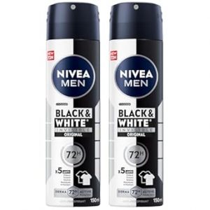 NIVEA MEN Black & White Invisible Antiperspirant Deodorant Spray, Original, 72H Active Protection, 5IN1, Anti-Odour, Sweat, Stains, Residues & Irritation, 2x150ml