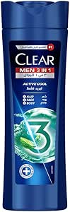 Clear 3in1 Shampoo for men, anti dandruff shampoo for Hair, Face & Body, Active Cool, 100% dandruff-free scalp^, refreshed & moisturized skin, 400ml