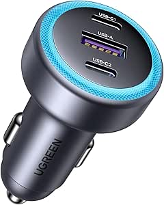 UGREEN USB C Car Charger, 30W 3-Port Type C Phone Adapter, iPhone 16 Car Charger Fast Charging, PD 3.0 30W/QC 3.0 22.5W, for iPhone 16/15/14 Series, Samsung, Huawei, Xiaomi, Redmi, iPad, AirPods