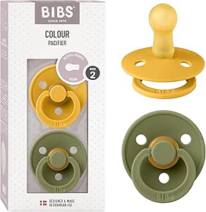 BIBS Colour Soother 2-Pack, BPA Free Dummy Pacifier, Round Natural Rubber Latex, Size 2 (6-18 Months), Honey Bee/Olive