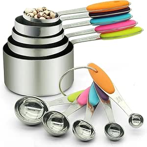 SKY-TOUCH 10 Piece Measuring Cups and Measuring Spoons Set with Detachable Ring – Stainless Steel Stackable 5 Cups 5 Spoons with Silicone Grip Handle to Measure Dry Liquid Food for Cooking or Baking