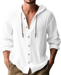 Mens Long Sleeve Shirts Drawstring Hooded Sweatshirt Casual Button Shirts