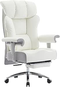 Efomao Home Office Chair 450LBS with Foot Rest, Big and Tall PU Leather Executive Office Chair with Adjustable Padded Armrests, Lumbar Support for Work, Heavy Duty Ergonomic Chair, White