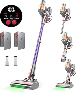 Cordless Vacuum Cleaner, 2 Batteries 120 Mins Runtime, 550W 45KPA Stick Vacuum with Self-Standing, Tangle-Free Brush, LED Display, Vacuum Cleaner for Home Hardwood Floor, Carpet, Pet Hair (purple)