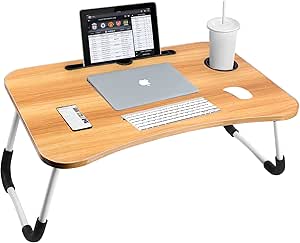 Sky-Touch Portable Folding bed Table, Laptop Desk With ipad and Cup Holder Adjustable Lap Tray Notebook Stand,Foldable Non-slip Legs Reading Table Tray for working,studing,camping 60×40×28cm Beige