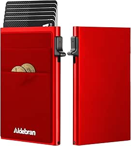 ALDEBRAN® Slim Aluminum Card Holder Wallet for Men | RFID Blocking Minimalist Metal Pop Up Wallet | Durable Expandable Backplate | Holds 6+ Cards Plus Cash (RED)