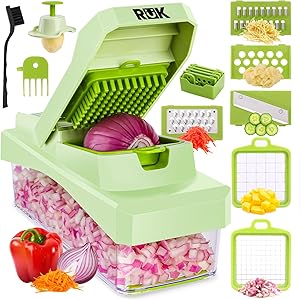 RüK 10-in-1 Vegetable Chopper – 6 Blade Veggie Chopper with Container, Food Dicer, Onion Cutter, Cheese Grater, Mandoline Slicer, Kitchen Gadgets & Home Essentials (Green)