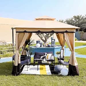 Danube Home Delight Gazebo Steel Frame With Polyester Roof | Square Shape Tent With Curtain | Water And Uv Resistant Garden Patio Canopy | Modern Outdoor Furniture 2.7X2.7M – Beige