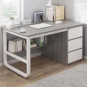 STAYOUNG Office Desk – Computer Table with 3 Drawers, Multifunctional Reading Desk, with Mouse Pad, for Kids Teenagers Student Home Office PC Laptop Table Learning (Grey)
