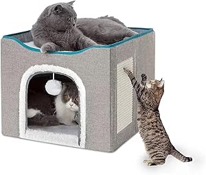 JASDF Cat Beds for Indoor Cats – Large Cat Cave with Fluffy Ball Hanging and Scratch Pad, Foldable Cat Hideaway