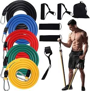 SKY-TOUCH 11pcs Fitness Resistance Bands with Handles Set,Portable Exercise Bands,5 Stackable Exercise Bands with Door Anchor, Ankle Straps Carrying Case,Up to 150LB,for Men Women Strength