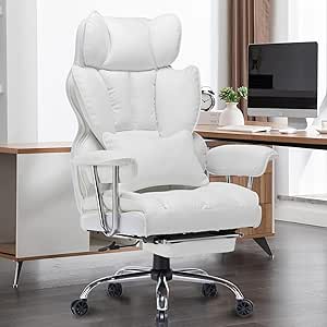 Efomao Big and Tall Office Chair 400lbs – PU Leather Executive Desk Chair with Lumbar Support & Leg Rest, Heavy-Duty Computer Chairs for Home Office, White