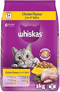 Whiskas Chicken Dry Cat Food, Bag of 3Kg, for Adult Cats 1+ Years, Cat Dry Food, for Healthy, Active Cats