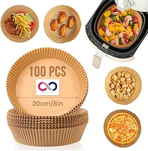 Brandsfinity 100pcs Air Fryer Paper Liner, Disposable, Non-Stick, Oil-Resistant Parchment Sheets – Round 20cm, Design for Airfryers, Baking & Cooking