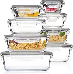 Vtopmart 8 Pack Glass Meal Prep Containers with Leak Proof Locking Lids, Airtight Food Storage Containers for Microwave, Oven, Freezer and Dishwasher, BPA Free, Grey