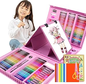208 PCS Art Supplies,Drawing Art Kit for Kids Girls Boys Teens Artist, Art Set Case with Trifold Easel, Includes Oil Pastels, Crayons, Colored Pencils, Coloring Book, Scissors, Origami Paper 40 Sheets