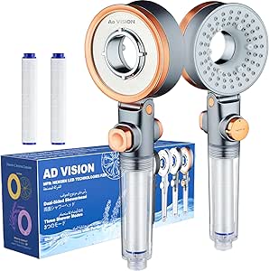 AD-VISION SGS Filtered High Pressure Shower Head | Removes Chlorine, For Hard Water & Hair Loss | 3 Modes with Adj. Flow Pause | Double Sided Micro-Nano Bubble Tech, (Starter Kit – Rose Gold)