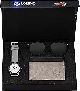 LORENZ Analog Men Gift Box Combo Set of Grey Dial Watch, Wallet & Black Sunglasses
